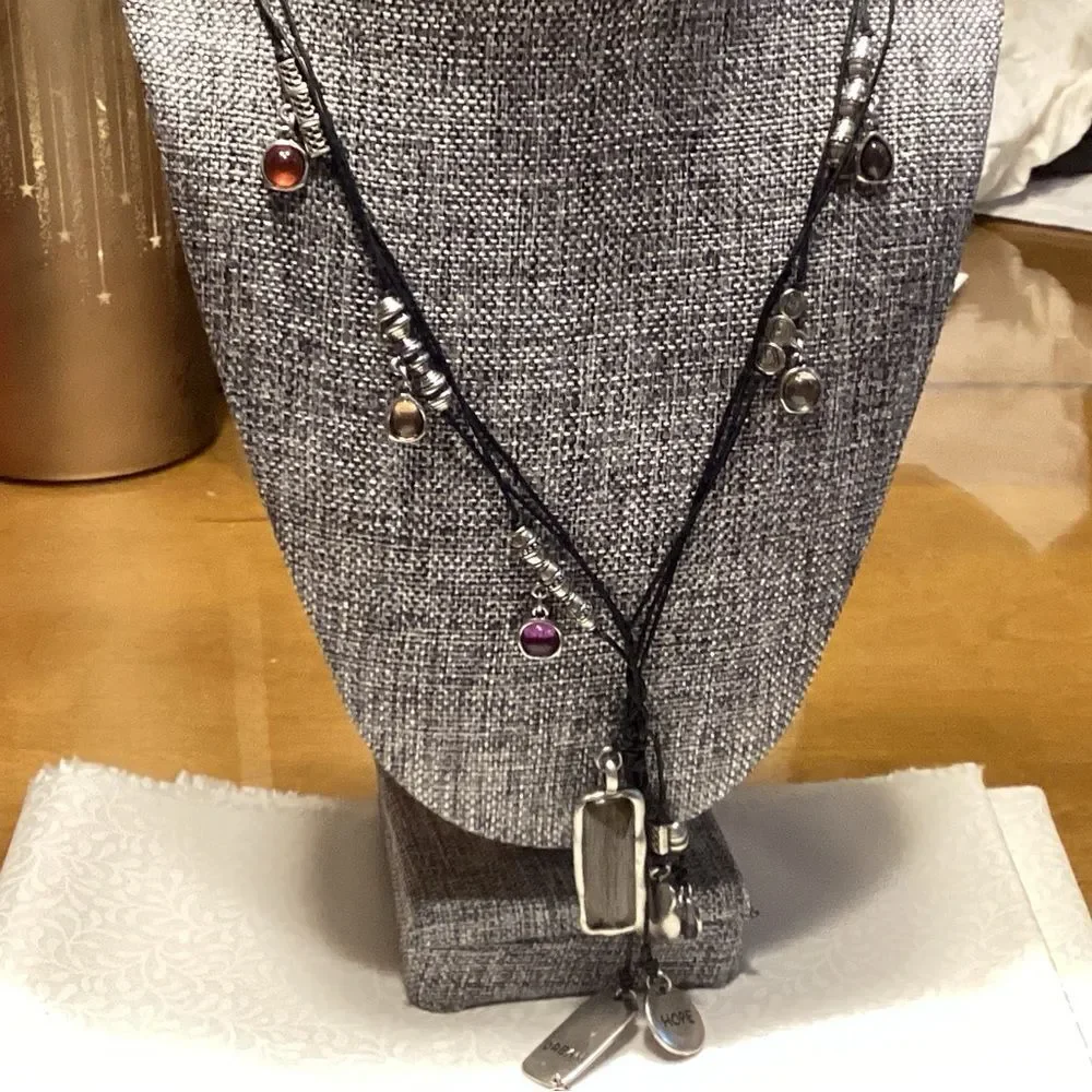 Black Triple Strand Corded Necklace with Multi-Color Charm Accents